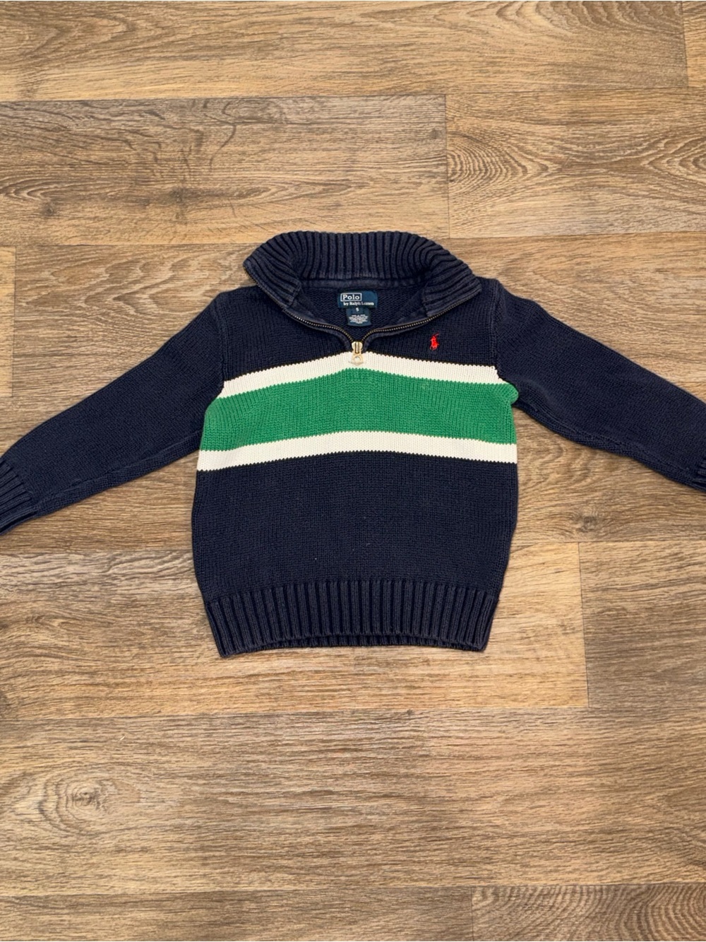 Ralph Lauren Navy Sweater with Green and White Chest Stripes
